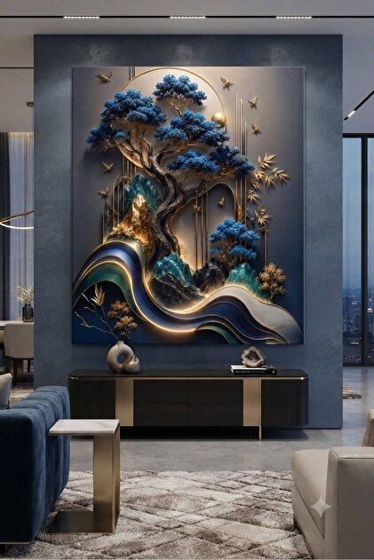 Premium Modern Dekorasyon Kanvas Tablo Mavi Bonsai Ağacı ve Altın Dağ Detaylı - 3D Efektli Özel Tasarım