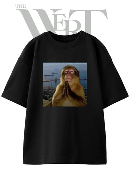 Monkey Praying Design Printed Unisex Black Oversize T-Shirt