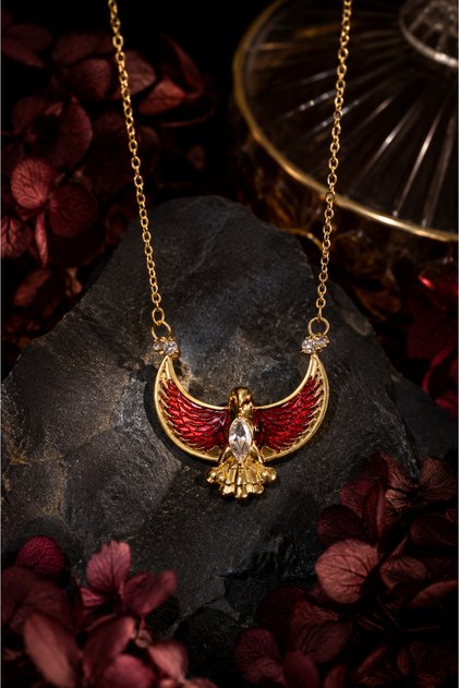 Steel Necklace with Flame- Winged Hawk Figure (Gold Color)
