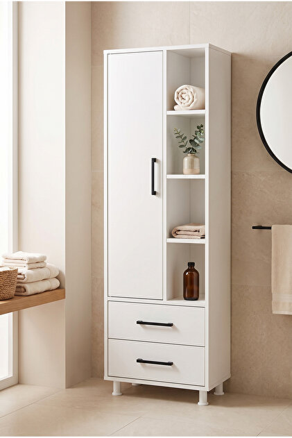 Banyo Dolabı Kapaklı Açık Raflı 2 Çekmeceli Havlu Kozmetik Boy Dolabı Beyaz 55 Cm KBR02