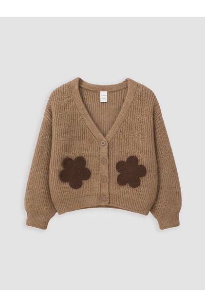 Lcw Kids Brown V-Neck Floral Embroidered Girls' Knitwear Cardigan