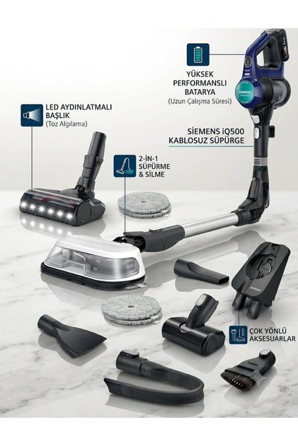 iQ500 2'si 1 Islak Kuru Şarjlı Dikey Süpürge LED Başlıklı ve Katlanabilir Borulu