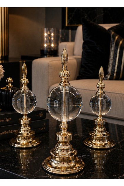 Kristal Toplu 3lü Şık Dekoratif Biblo Salon Ofis Hediyelik 21-23-25cm