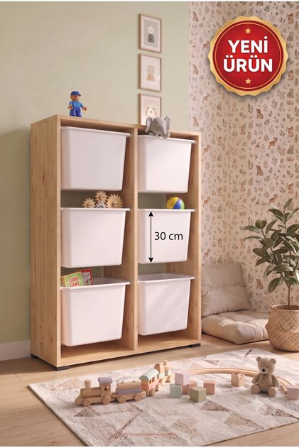 6 Adet Ultra Büyük Çekmeceli 123 cm Safir Meşe Çocuk Odası Oyuncak Dolabı ve Çok Amaçlı Saklama Ünitesi - Depolayıcı Düzenleyici Organizer