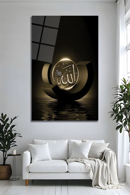 Gold Siyah Allah Yazılı Cam Tablo Dini Modern İslami Duvar Dekoru