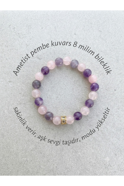8 mm Amethyst & Pink Quartz Natural Stone Bracelet – Elastic Unisex Design – Gift for Loved Ones Beads