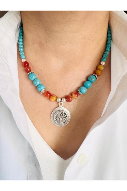 Turquoise and Agate Natural Stone Tree of Life Design Necklace 46 cm