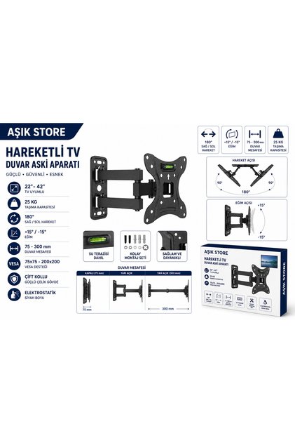 Hareketli TV Duvar Askı Aparatı 22-42 İnç 25 Kg Taşıma Kapasiteli 180° Döner VESA 75x75-200x200 +15°/-15° Eğimli Çift Kollu TV Askısı