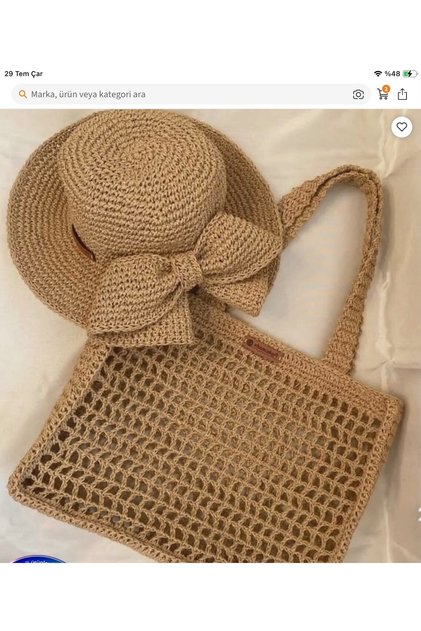 Hand-Knitted Paper Ip Bag Hat Set, Beach Bag Hat Set, Handmade