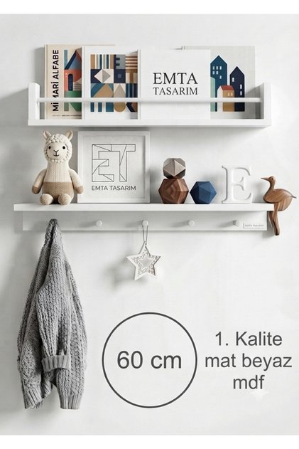 60 cm raf ve askılık 2 li set beyaz çocuk bebek odası aksesuar dekorasyon