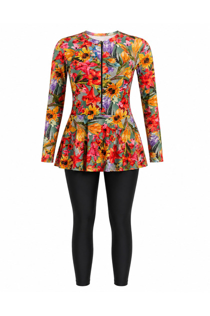 Women’s One-Piece Modest Swimsuit with Attached Full-Length Leggings, Floral Long-Sleeve Swim Dress and Front Zipper