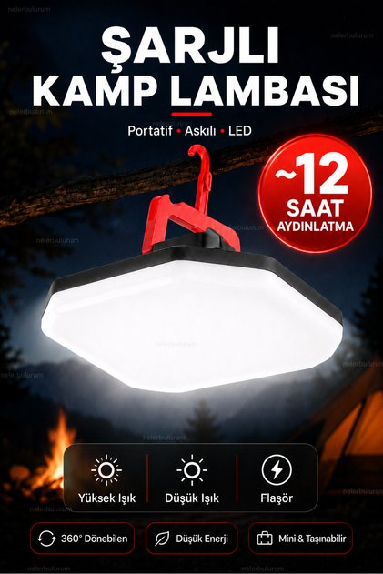 Şarjlı 3 Modlu, 360° Döner Askılı 12 Saate Kadar Aydınlatma Şarjlı Mini Kamp Lambası El Feneri Bahçe Aydınlatma Bağ Bahçe Köy Karavan Aydınlatma