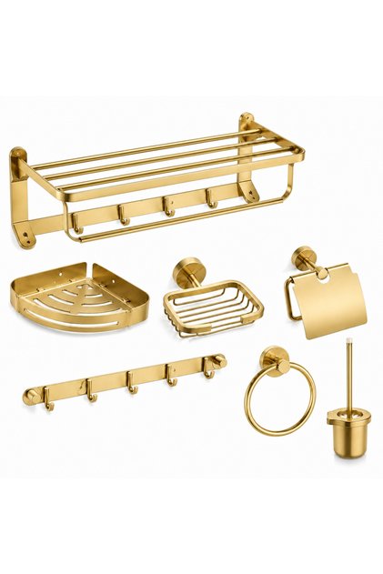 7-Piece Brushed Gold Stainless Steel Bathroom Hardware Set: heavy-duty, rustproof organizer kit with towel bar, shelf, basket, and accessories.