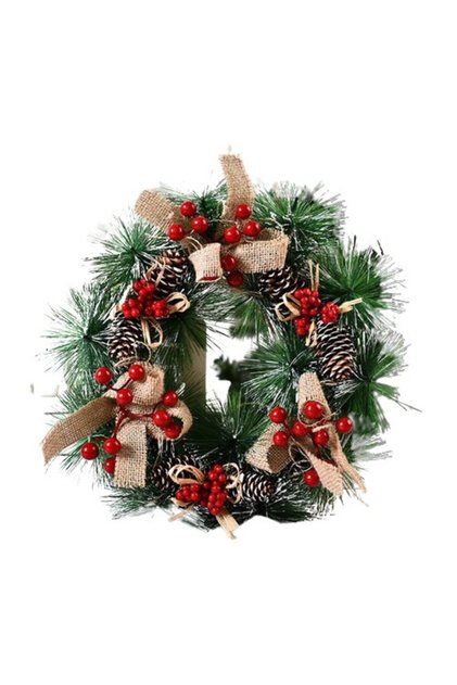 Coronita pentru Craciun Diametru 32 Cm, din Brad Artificial, Decorata cu Conuri si Merisoare