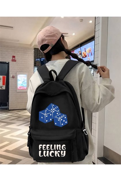 حقيبة ظهر مدرسية، وحقيبة ديرشان، وحقيبة الدروس مطبوعة باللون الأسود من Feeling Lucky