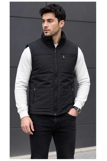 Men's Black Puffer Vest – Casual Sports Vest with Stand Collar and Zipper Pockets
