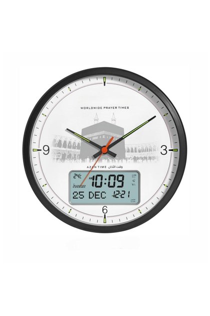 Digital Azan Wall Clock with Worldwide Prayer Times, Qibla, LCD Display, Calendar & Temperature