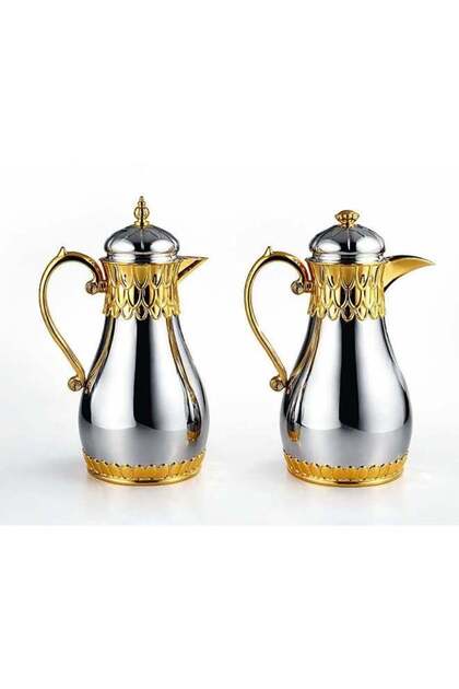Luxury Tea and Coffee Thermos Set, 2 Pieces, Silver Gold Color, 1 Liter