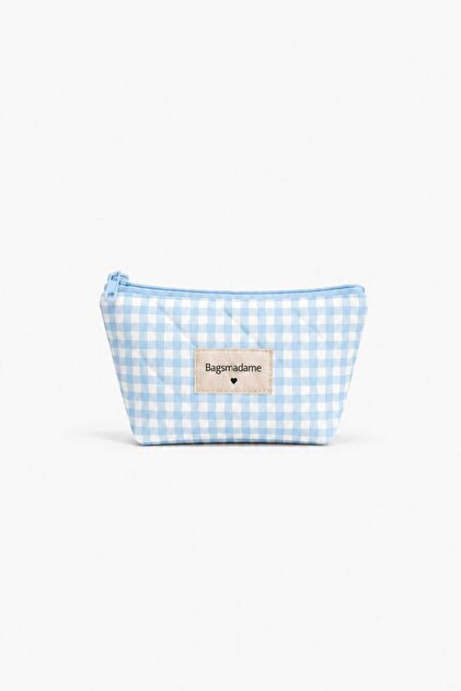 Blue Gingham Patterned Single Compartment Pen Holder Makeup Bag Pencil Case 19X11 cm Small Size