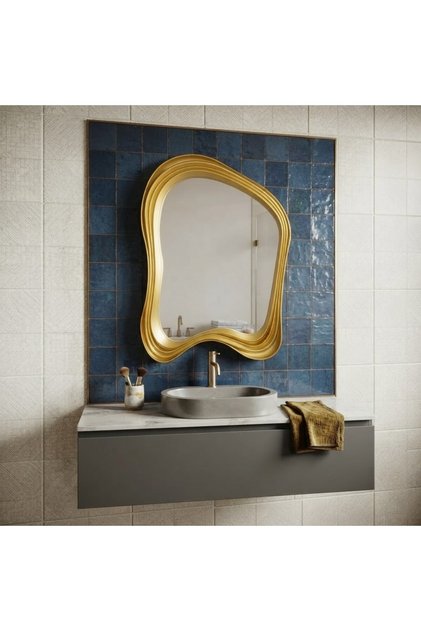 French Water Ripple Bathroom Mirror, size: 36*26 cm , glold ,Home Bathroom Wall-Mounted Special-Shaped Cosmetic Mirror, American Entrance Hall Living Room Decorative Mirror