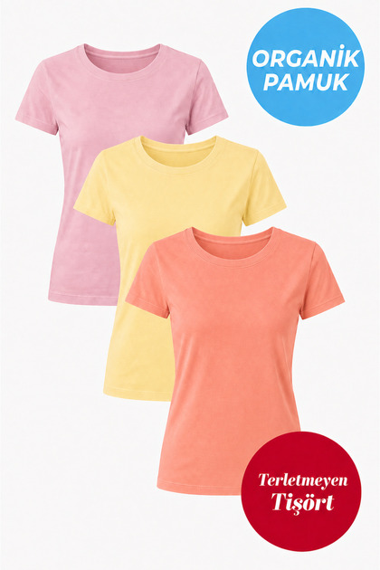 3-Pack Organic Cotton Women's Short Sleeve Crew Neck T-Shirt (Pink - Yellow - Salmon)
