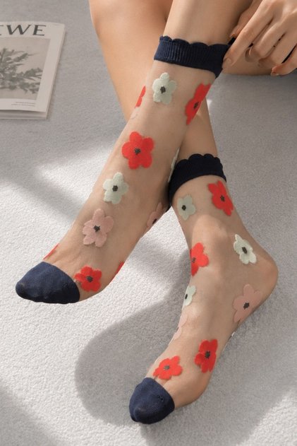 Women's Navy Blue Floral Patterned Transparent Tulle Contrast Detailed Socks