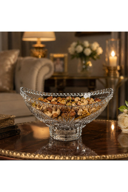 Glass Nut Serving Bowl with Engraved Base - Elegant and Luxurious Design for Hosting and Serving Nuts and Sweets at Functions and Gatherings.