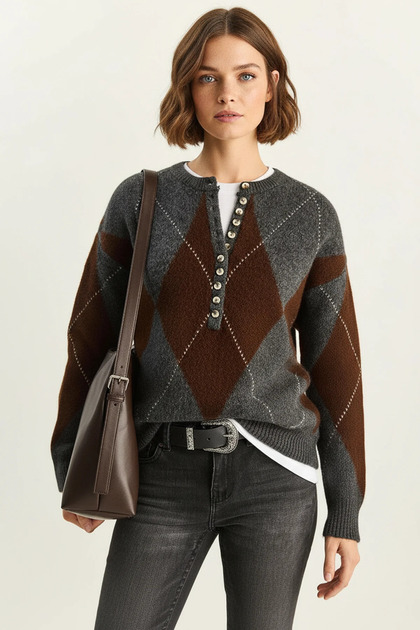 Women's Buttoned Diamond Patterned Basic Knitwear Anthracite Brown Sweater