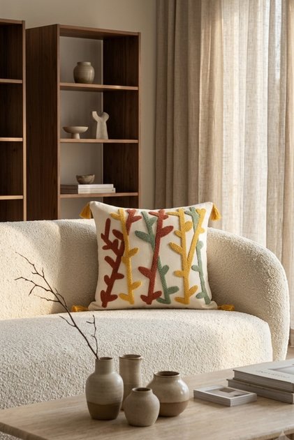 Colorful Botanical Branch Patterned Punch Embroidered Tasseled Cotton Decorative Throw Pillow Cover 42X42 cm