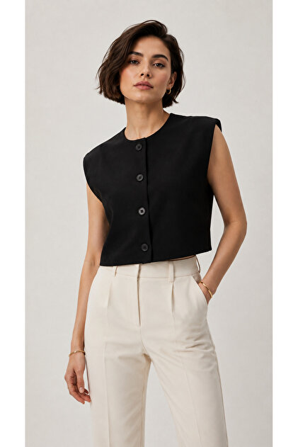 Women's Black Sleeveless Vest Buttoned Crop Stylish Office Wear Premium