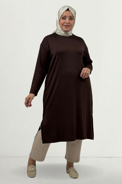 68082 Plus Size Modal Tunic with Side Slits - Brown