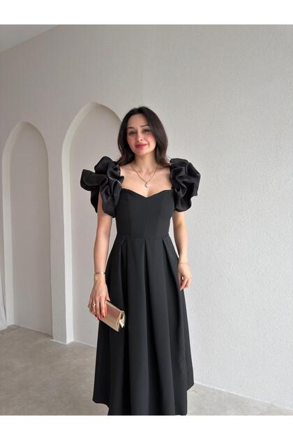Rochie midi TARELLA cu volane pe mâneci 0287 - Negru