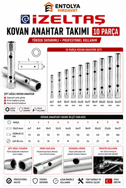 Kovan Anahtar Takımı 10 Parça 6x7-24x27 mm Çift Ağızlı Boru Anahtar Seti