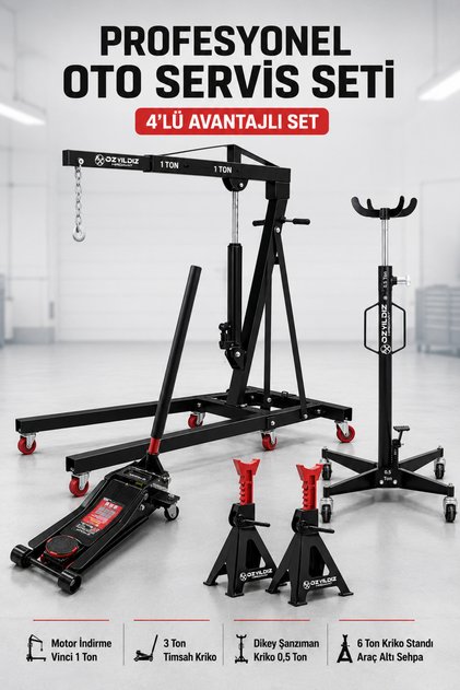 1 Ton Motor İndirme Vinci, 3 Ton Kriko, 500 Kg Şanzıman Krikosu ve 6 Ton Araç Altı Sehpa Seti