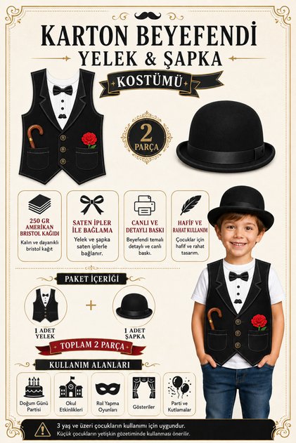 Charlie Chaplin Kids Costume 2-Piece Cardboard Vest and Hat Set – Show Costume with Drawstring Fastening