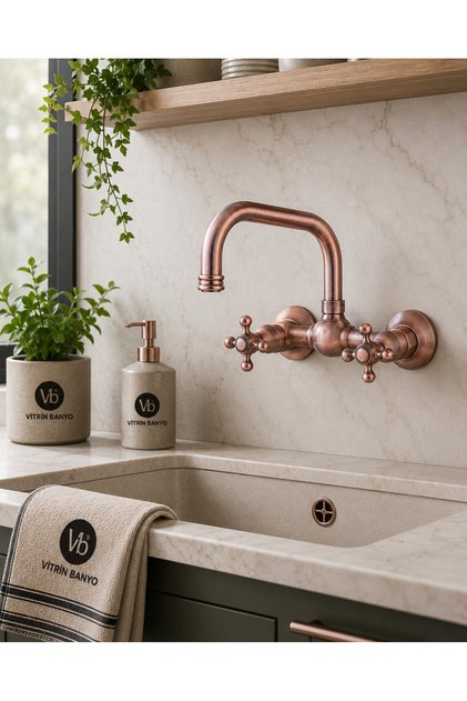Koç Döner Kitchen Sink Faucet Copper – Double Handle Classic Retro Kitchen Faucet Wall Mounted Gold Sink Tap