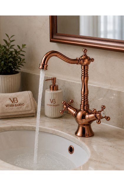 Copper Swan Sink Faucet Classic Cross Handle High Spout Retro Ottoman Model Copper Color Faucet
