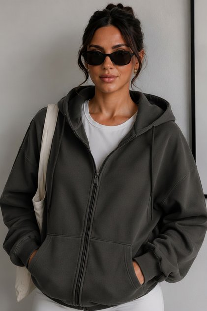 Kadın 3 İplik Şardonlu Kapüşonlu Fermuarlı Sweatshirt Cepli Oversize Hırka