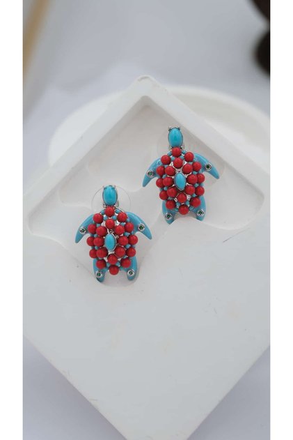 Turquoise and Coral Color Turtle Earrings