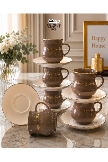 6-Person Modern Style Gift Turkish Coffee Cup Set with Happy House Written on It
