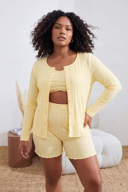 Sarı 3'lü Takım Desenli Büyük Beden Pijama Takımı TBBSS26AI00106
