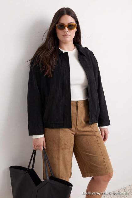 Siyah Oversize Süet Bomber Büyük Beden Mont TWOAW26AW00024