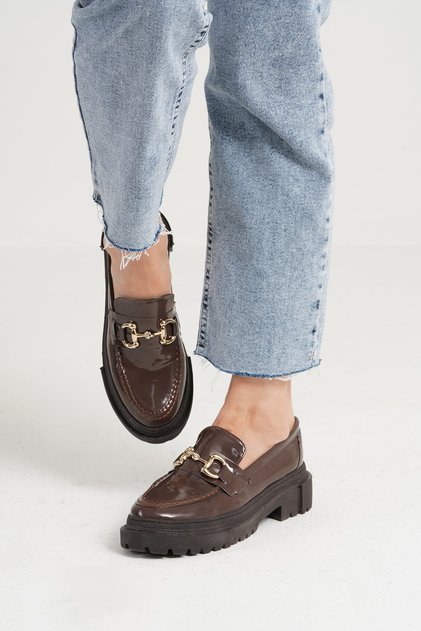 Women's Brown Patent Leather Gc Buckle Thick Sole Loafer Moccasin Shoes 4,5cm Byndlfrk02