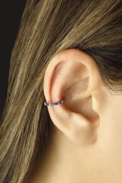 Kıkırdak Earcuff Kıkrdak Küpe Renkli Safir Zümrüt Yakut Zirkon Taşlı 925 Ayar Pembe Sıkıştırmalı