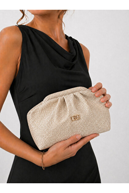 Wicker Look Beige Faux Leather Clutch Daily and Evening Dress Women's Bag