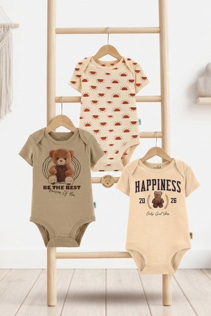 100% Cotton Premium 3-Piece Short Sleeve Organic Printed Snap Fastener Baby Bodysuit