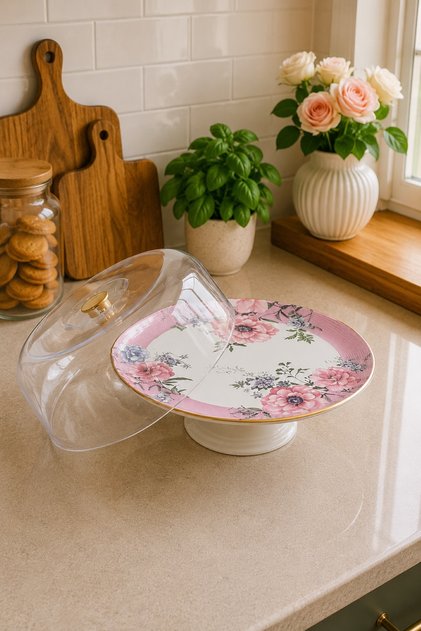 Magnolia Plastic Covered Ceramic Stand Cake Pan Plate