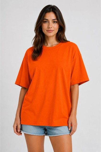 Women's Regular Oversize 100% Cotton Basic Comfortable Fit T-Shirt - Orange