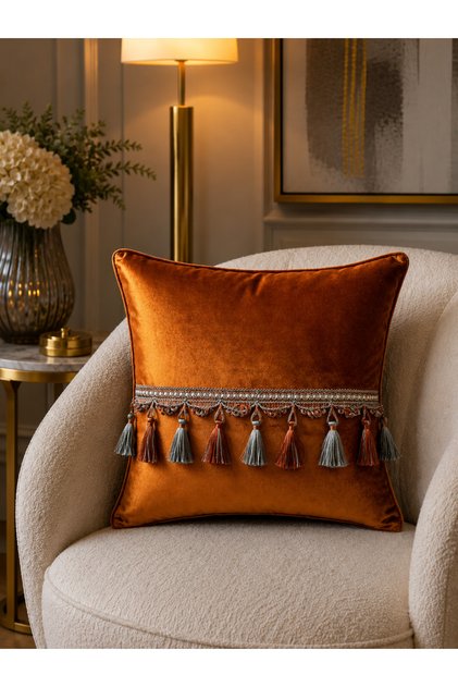 Woven Velvet Atlas Tile with Hanging Tassels 43X43 Square