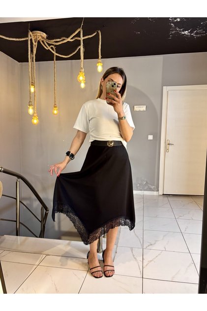 Women's Brown Asymmetric Cut Lace-Detail Thick Modal Combed Cotton Flawless Midi-Length Skirt